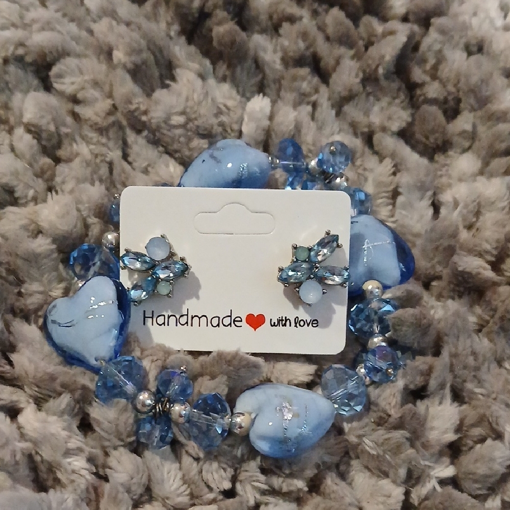 Blue Heart Beaded Bracelet And Earring Set